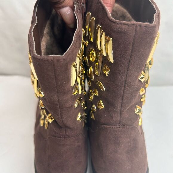 Joan Boyce Women’s Ankle Brown Gold Bedazzled Boots Size 7 Cognac Suede - Picture 7 of 13